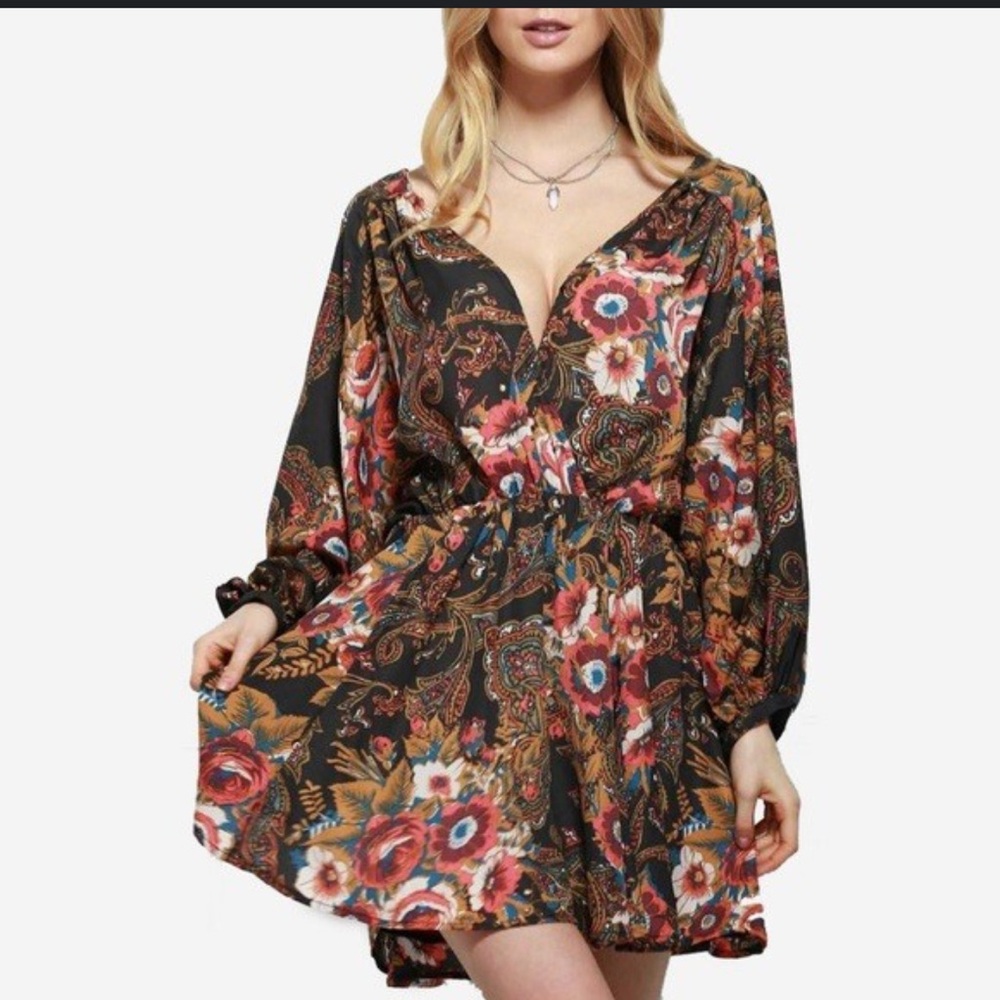 Free People NWT Women's High Plains V-Neck Paisley‎ Print Mini Dress Size XS